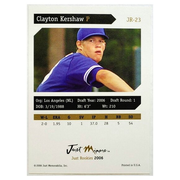 CLAYTON KERSHAW ROOKIE 2006 JUST ROOKIES #JR-23 DODGERS, CY YOUNG, MVP - Picture 2 of 3